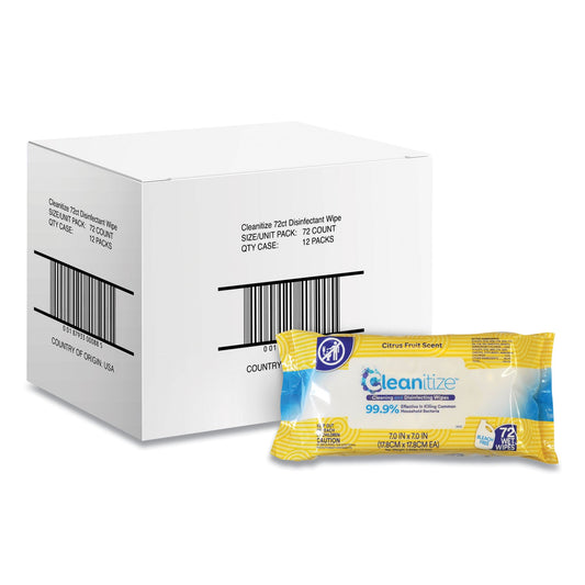 Cleanitize Disinfectant Surface Wipes, 7 x 7, Citrus Fruit Scent, White, 72/Pack, 12 Packs/Carton