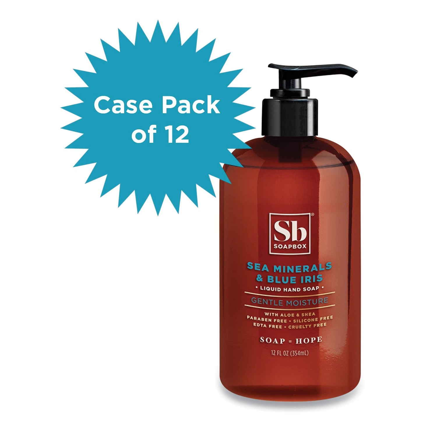 Soapbox Hand Soap, Sea Minerals and Blue Iris, 12 oz Pump Bottle, 12/Carton