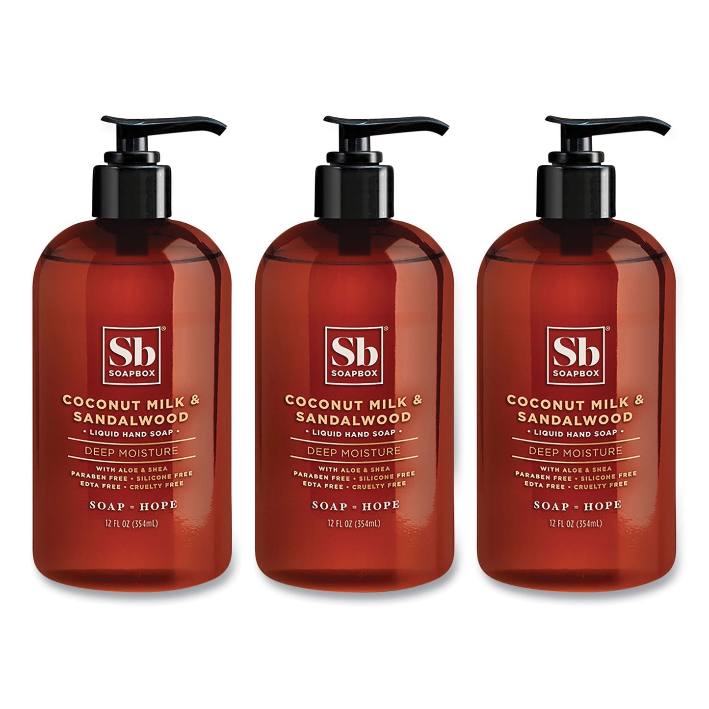 Soapbox Hand Soap, Coconut Milk and Sandalwood, 12 oz Pump Bottle, 3/Box