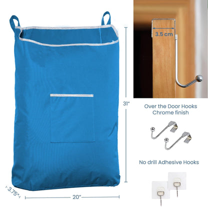 X Large Blue Hanging Laundry Hamper with Over Door Hooks 20x 3.75x 31 inch Adhesive Durable Space Saving Laundry Bag with Zipper and Wide Open Top Hanging Dorm Laundry Hamper Blue XL