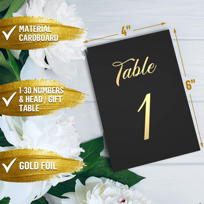 Black Table Numbers 1 30 for Wedding Reception with Gold Foil Table Number Cards 4x6 with Head & Gift Table Restaurant Table Numbers Wedding Numbers for Tables Card Stock Wedding Table Numbers