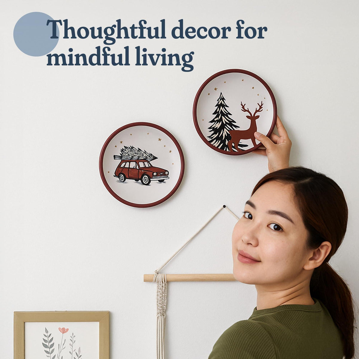8 Inch Terracotta Winter Plates Set of 2 Ceramic Wall Hanging Clay Decorative Plates for Winter Decorations Round Wall Decor for Living Room & Kitchen