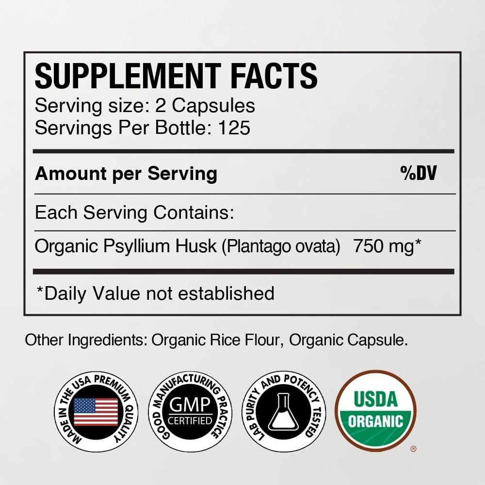 Organic Psyllium Husk Capsules 750 mg, Natural Fiber Supplement for Gut Health*  Alternative to Psyllium Husk Powder, Zealthy Life, 250 Capsules  Pack of 2