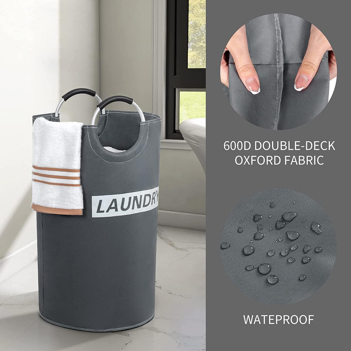 82L Large Laundry Basket Collapsible Grey Silver Fabric Hamper Foldable Laundry Bag With Handles Waterproof Washing Clothes Bin Bag Dirty Cloth Storage