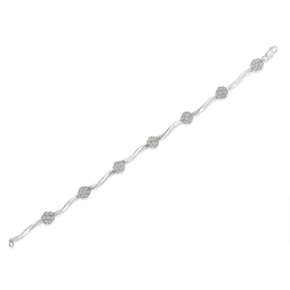.925 Sterling Silver 1/4 Cttw Diamond Cluster Miracle-Set Station & Twisted Bar 7" Tennis Bracelet (H-I Color, I2-I3 Clarity)