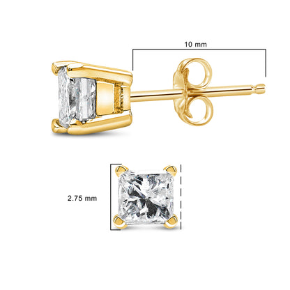 AGS Certified 14k Yellow Gold 1/4 cttw 4-Prong Set Princess-Cut Solitaire Diamond Push Back Stud Earrings (F-G Color, SI2-I1 Clarity)