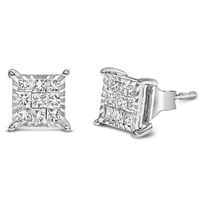 Sterling Silver 1/2 Cttw Princess Diamond Composite Square Stud Earrings