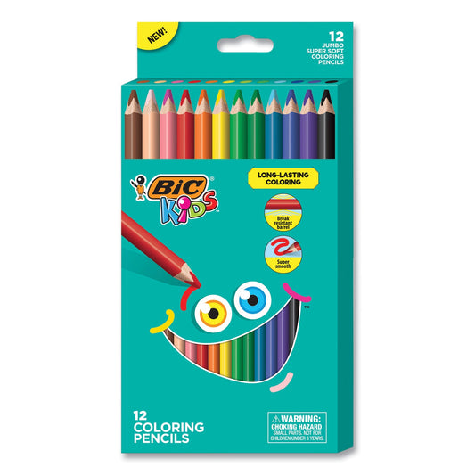 BIC Kids Jumbo Coloring Pencils, 1 mm, HB2 (#2), Assorted Lead, Assorted Barrel Colors, 12/Pack