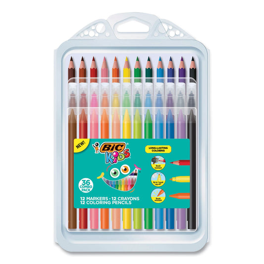BIC Kids Coloring Combo Pack in Durable Case, 12 Each: Colored Pencils, Crayons, Markers