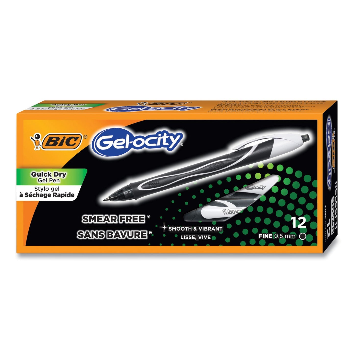 BIC Gel-ocity Quick Dry Gel Pen, Retractable, Fine 0.5 mm, Black Ink, Black Barrel, Dozen