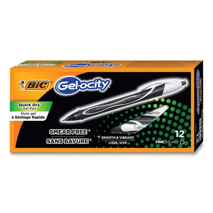 BIC Gel-ocity Quick Dry Gel Pen, Retractable, Fine 0.5 mm, Black Ink, Black Barrel, Dozen