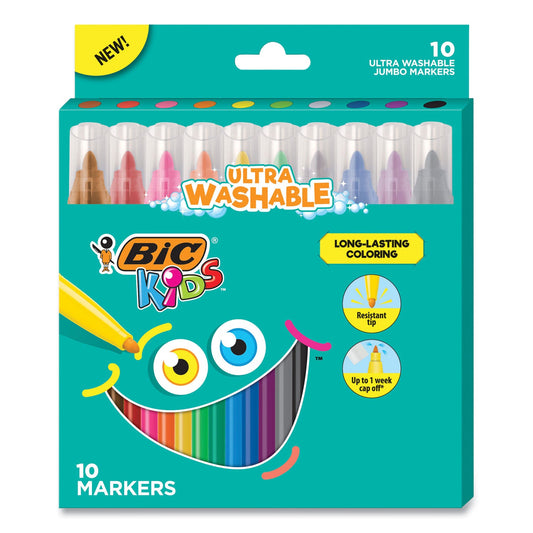 BIC Kids Ultra Washable Jumbo Markers, Medium Bullet Tip, Assorted Colors, 10/Pack