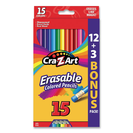 Cra-Z-Art Erasable Colored Pencils, 15 Assorted Lead/Barrel Colors, 15/Set