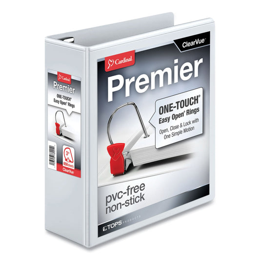 Cardinal Premier Easy Open ClearVue Locking Slant-D Ring Binder, 3 Rings, 3" Capacity, 11 x 8.5, White