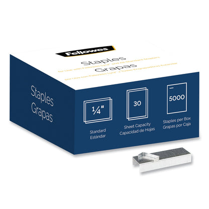 Fellowes Standard 0.25" Full Strip Staples, 0.25" Leg, 0.5" Crown, Steel, 5,000/Pack