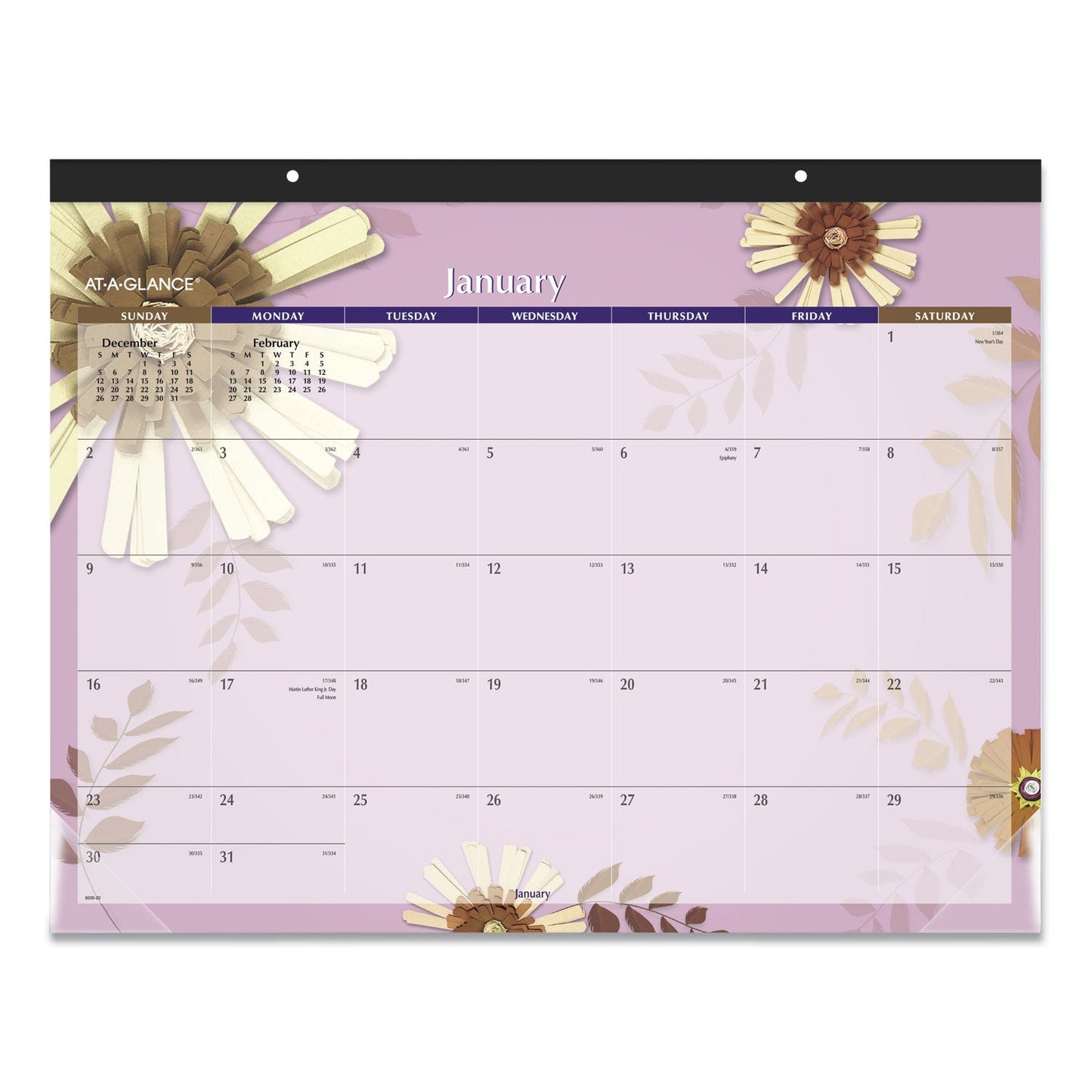 AT-A-GLANCE Paper Flowers Desk Pad, Floral Artwork, 22 x 17, Black Binding, Clear Corners, 12-Month (Jan to Dec): 2023
