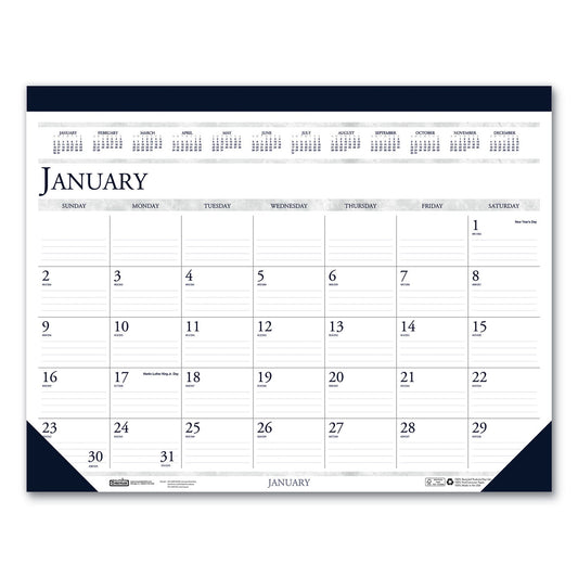 House of Doolittle Recycled Two-Color Perforated Monthly Desk Pad Calendar, 22 x 17, Blue Binding/Corners, 12-Month (Jan-Dec): 2023