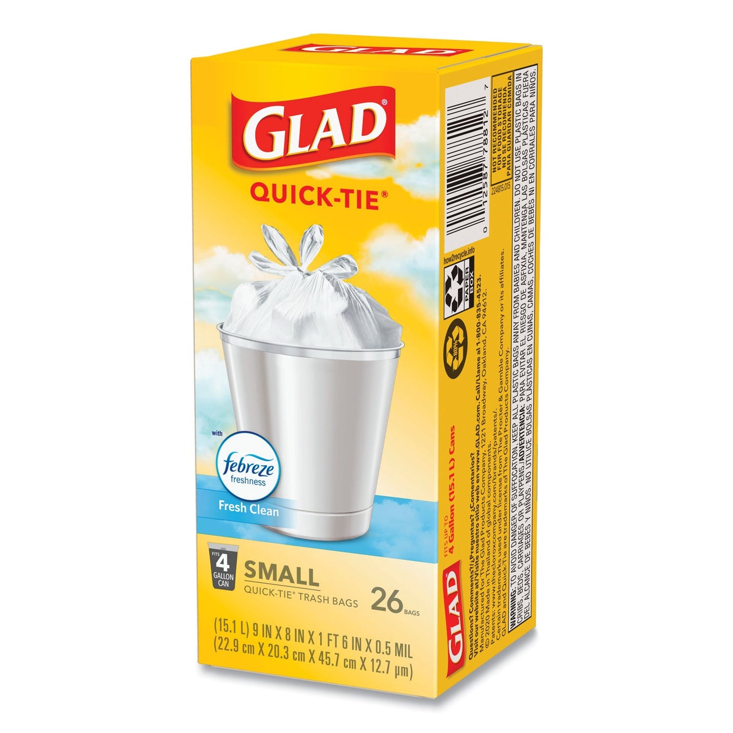 Glad OdorShield Quick-Tie Small Trash Bags, 4 gal, 0.5 mil, 8" x 18", White, 156/Carton