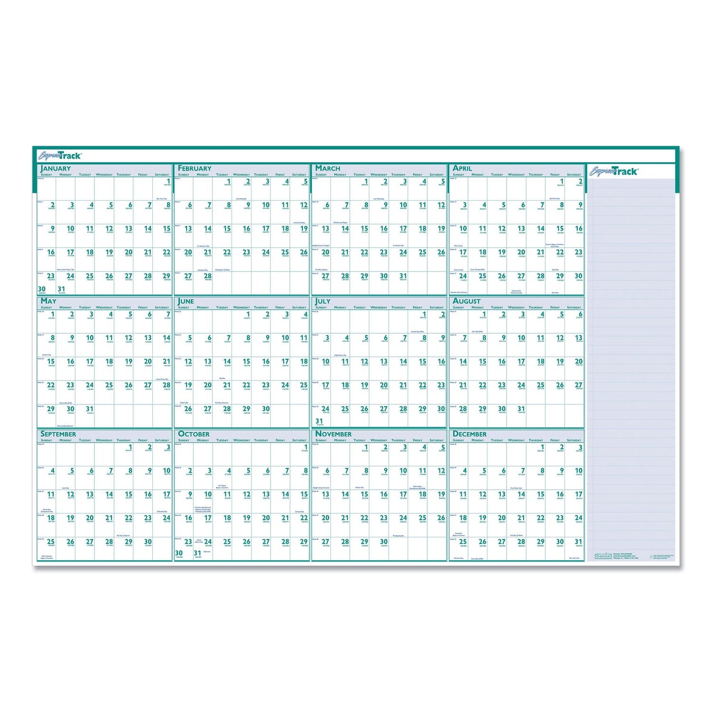 House of Doolittle Express Track Recycled Reversible/Erasable Yearly Wall Calendar, 24 x 37, White/Teal Sheets, 12-Month (Jan to Dec): 2023
