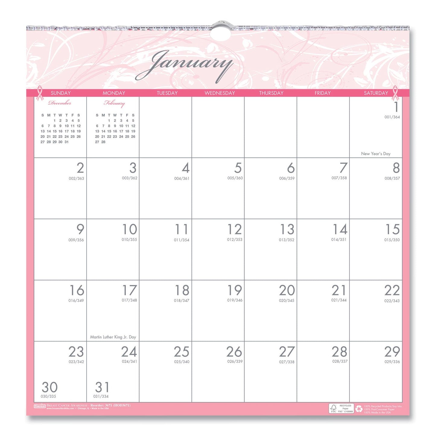 House of Doolittle Recycled Monthly Wall Calendar, Breast Cancer Awareness Artwork, 12 x 12, White/Pink/Gray Sheets, 12-Month (Jan-Dec): 2023