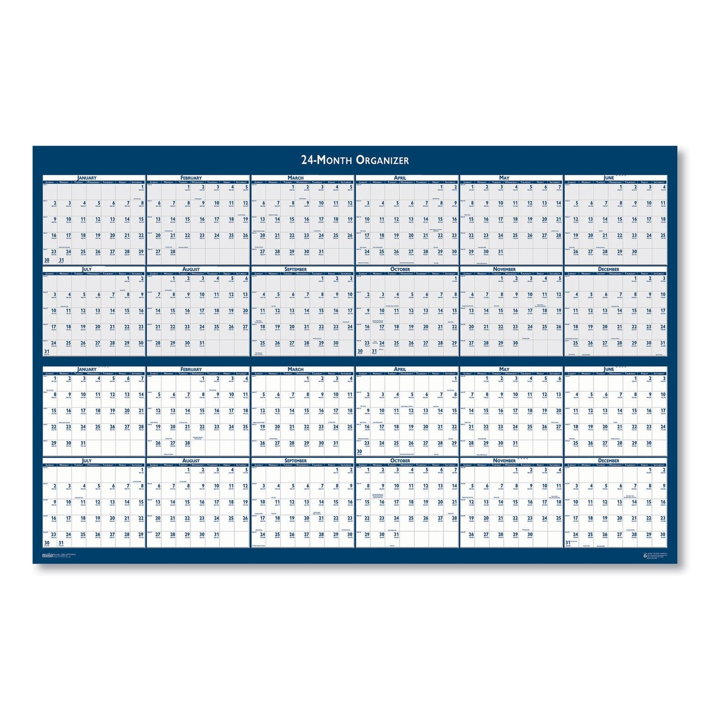 House of Doolittle Reversible/Erasable 2 Year Wall Calendar, 24 x 37, Light Blue/Blue/White Sheets, 24-Month (Jan to Dec): 2023 to 2024