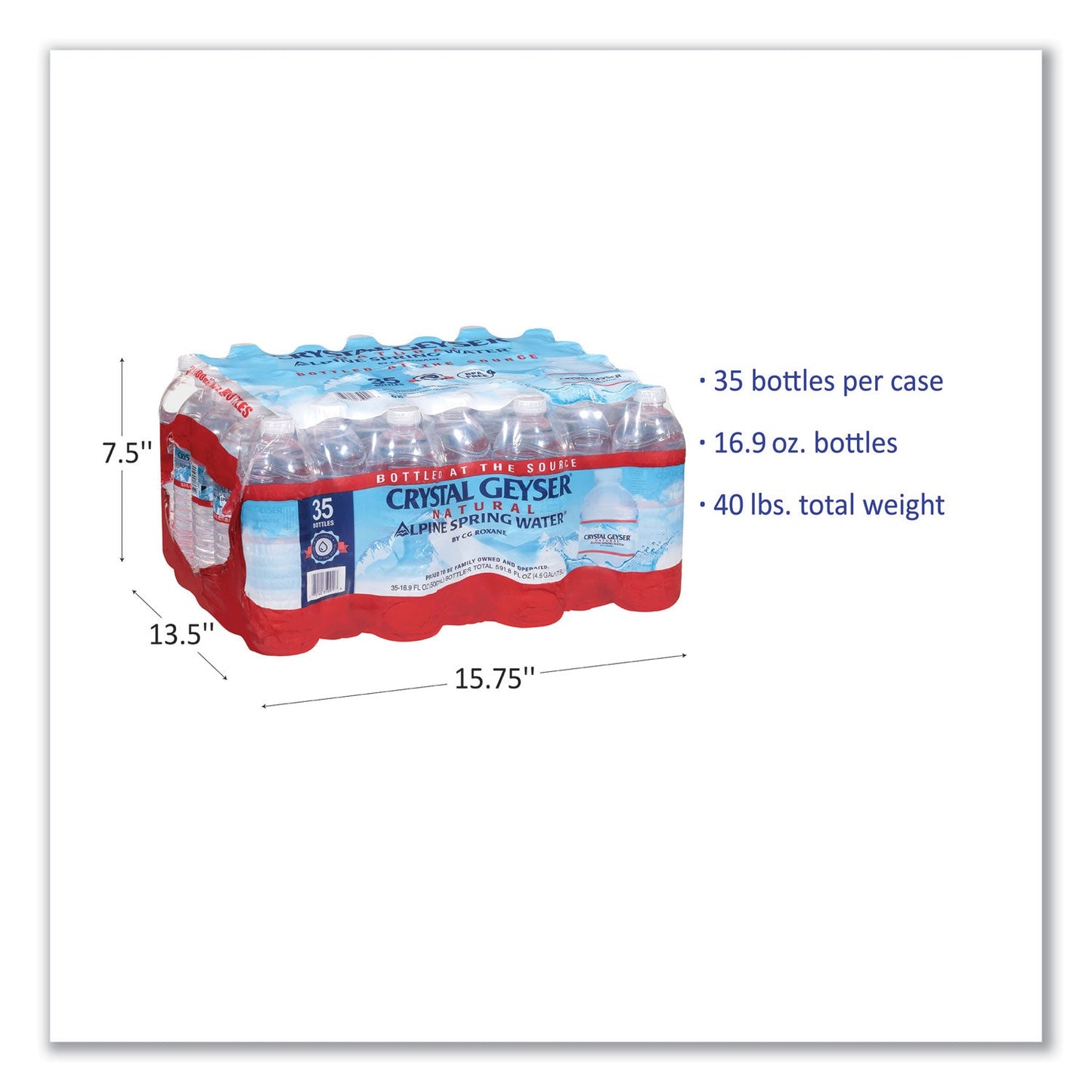 Crystal Geyser Natural Alpine Spring Water, 16.9 oz Bottle, 35/Carton