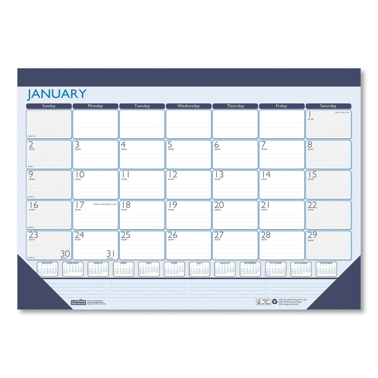 House of Doolittle Recycled Contempo Desk Pad Calendar, 18.5 x 13, White/Blue Sheets, Black Binding, Black Corners, 12-Month (Jan to Dec): 2023