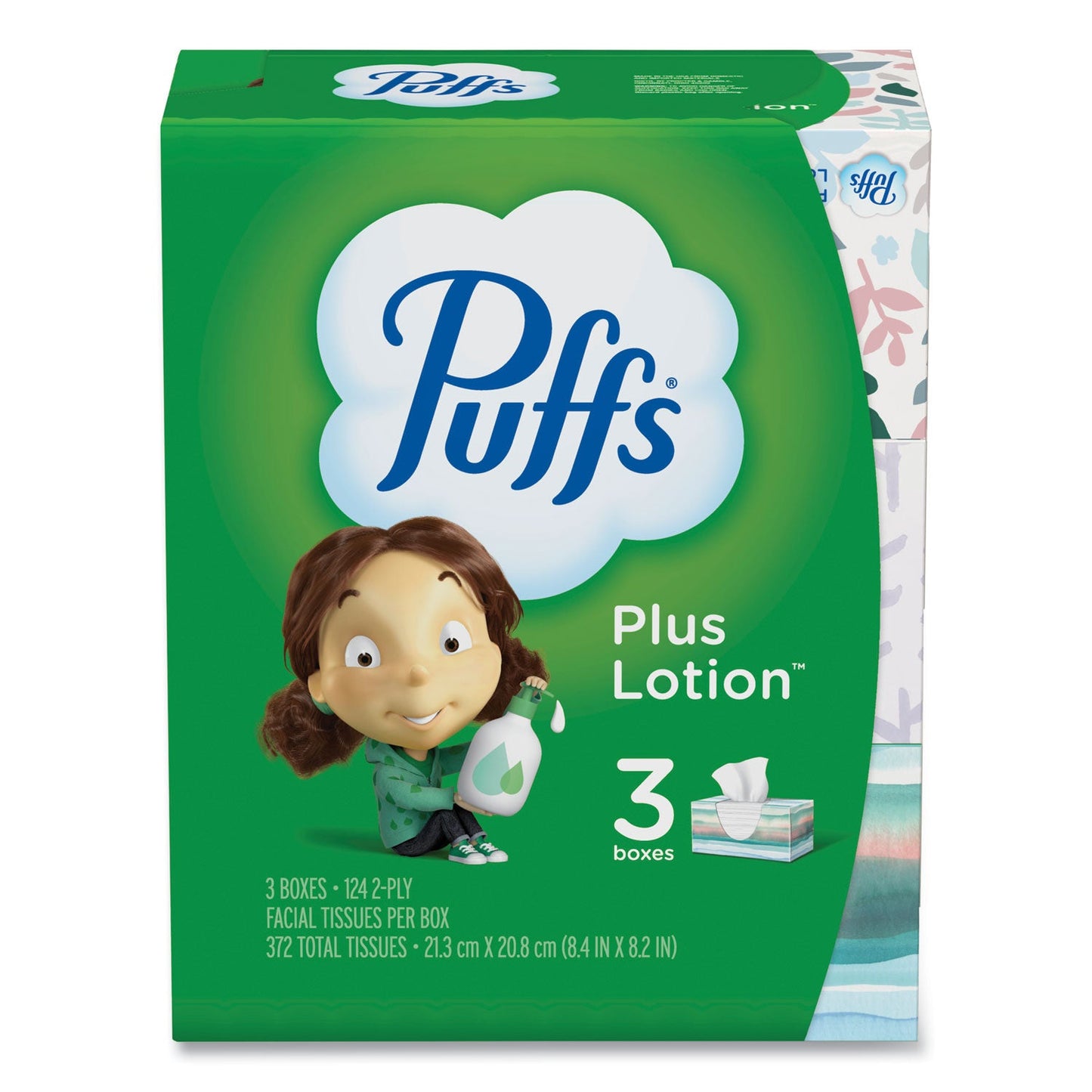 Puffs Plus Lotion Facial Tissue, 2-Ply, White, 124/Box, 3 Box/Pack, 8 Packs/Carton