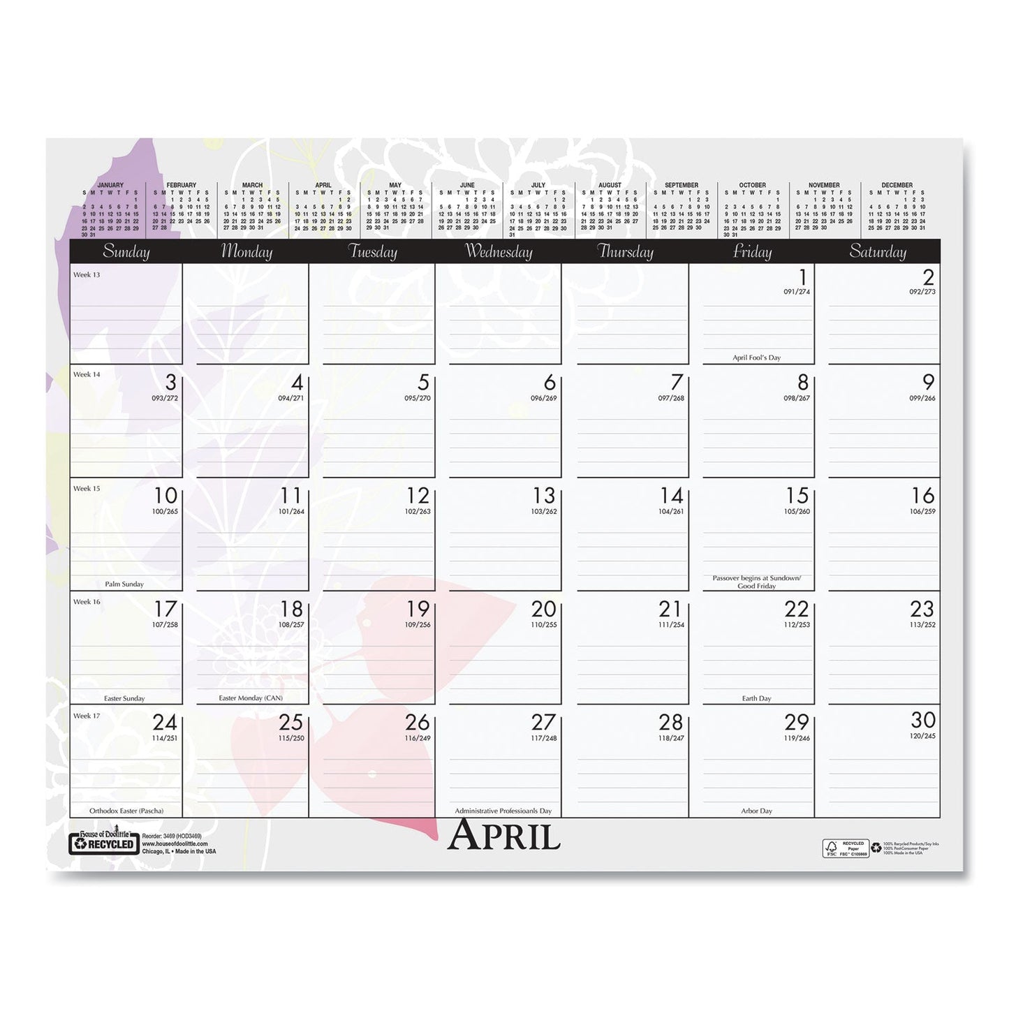 House of Doolittle Recycled Wild Flower Wall Calendar, Wild Flowers Artwork, 15 x 12, White/Multicolor Sheets, 12-Month (Jan to Dec): 2023