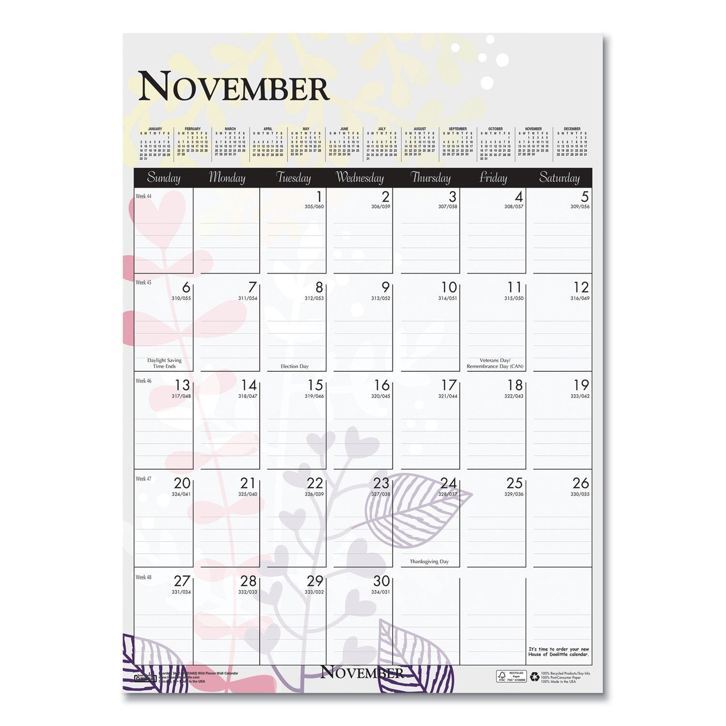 House of Doolittle Recycled Wild Flower Wall Calendar, Wild Flowers Artwork, 12 x 16.5, White/Multicolor Sheets, 12-Month (Jan to Dec): 2023
