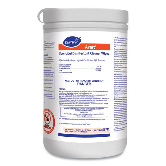 Diversey Avert Sporicidal Disinfectant Cleaner Wipes, 6 x 7, Chlorine Scent, 160/Canister, 12/Carton