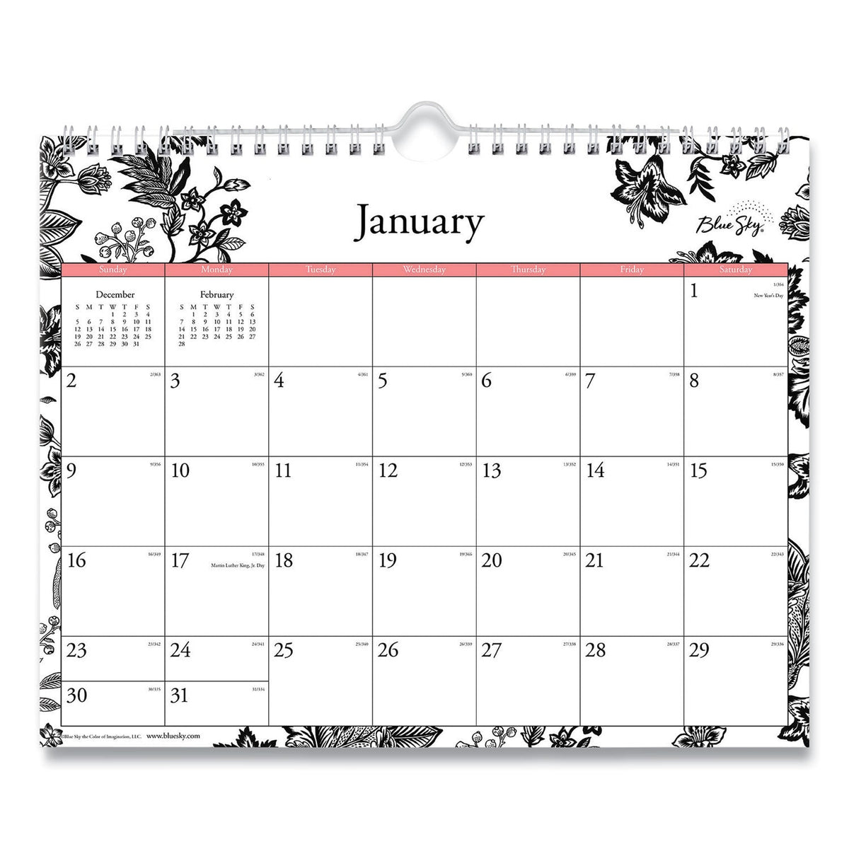 Blue Sky Analeis Wall Calendar, Analeis Floral Artwork, 11 x 8.75, White/Black/Coral Sheets, 12-Month (Jan to Dec): 2023