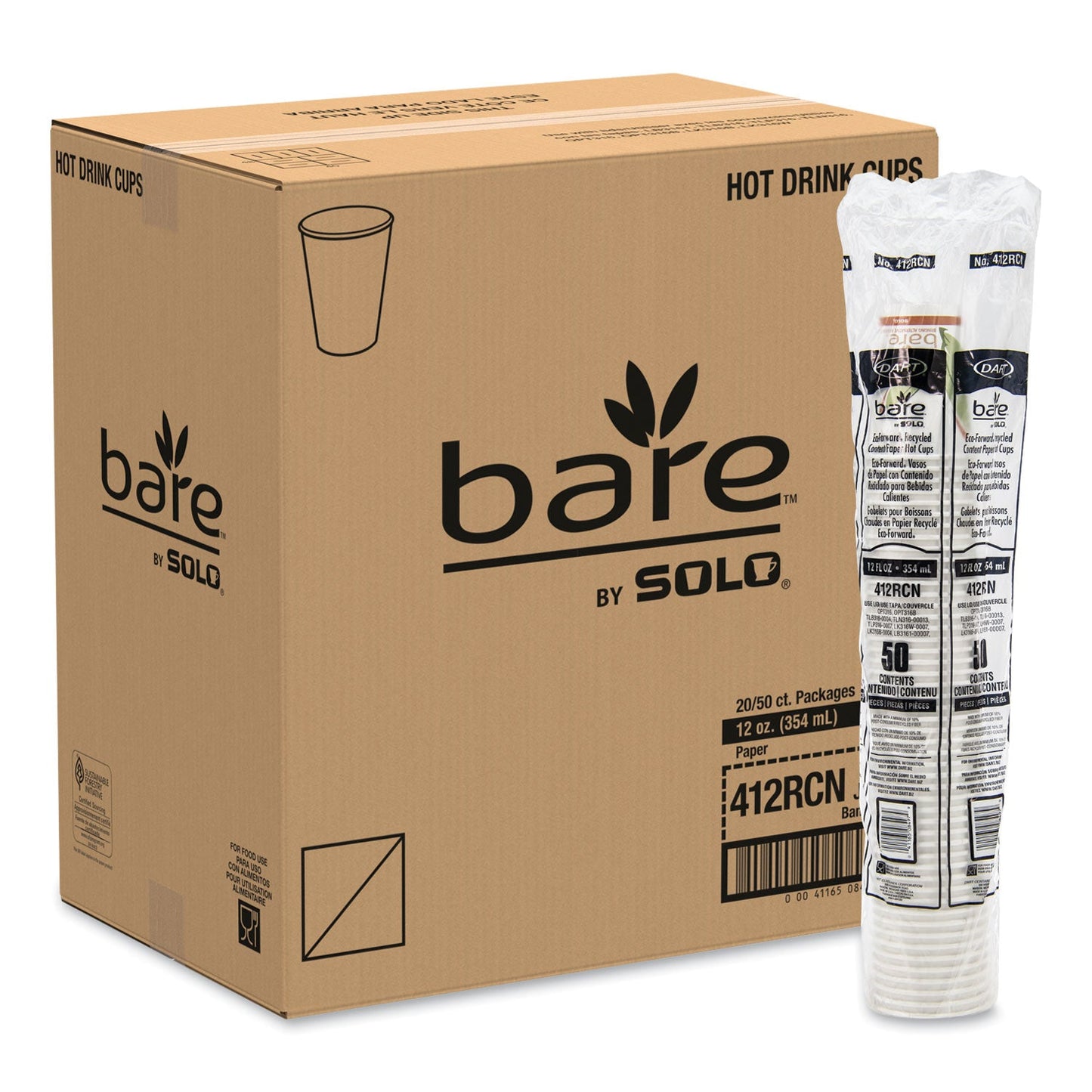 Dart Bare by Solo Eco-Forward Recycled Content PCF Paper Hot Cups, 12 oz, Green/White/Beige, 1,000/Carton