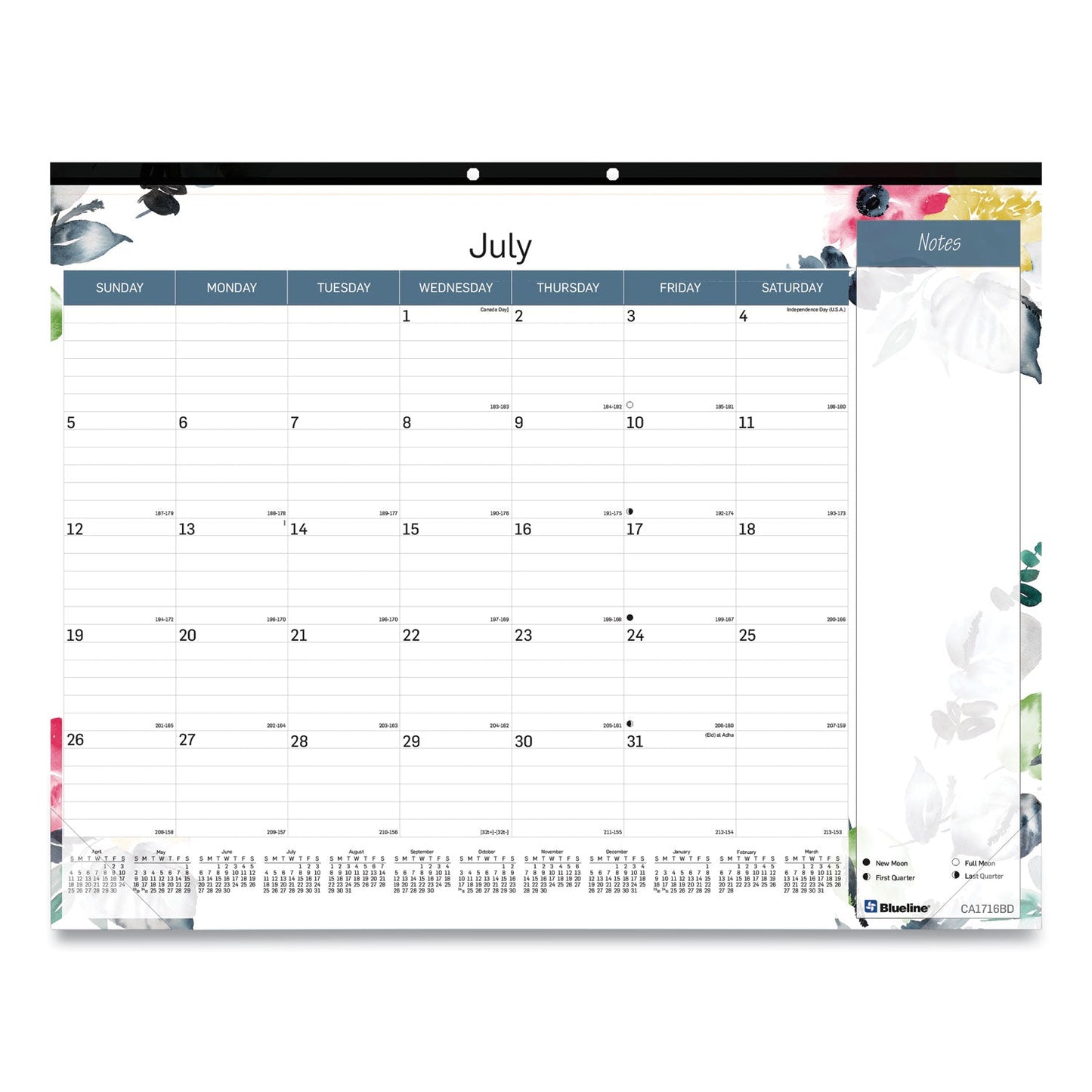 Blueline Spring Monthly Academic Desk Pad Calendar, Flora Artwork, 22 x 17, Black Binding, 18-Month (July to Dec): 2022 to 2023