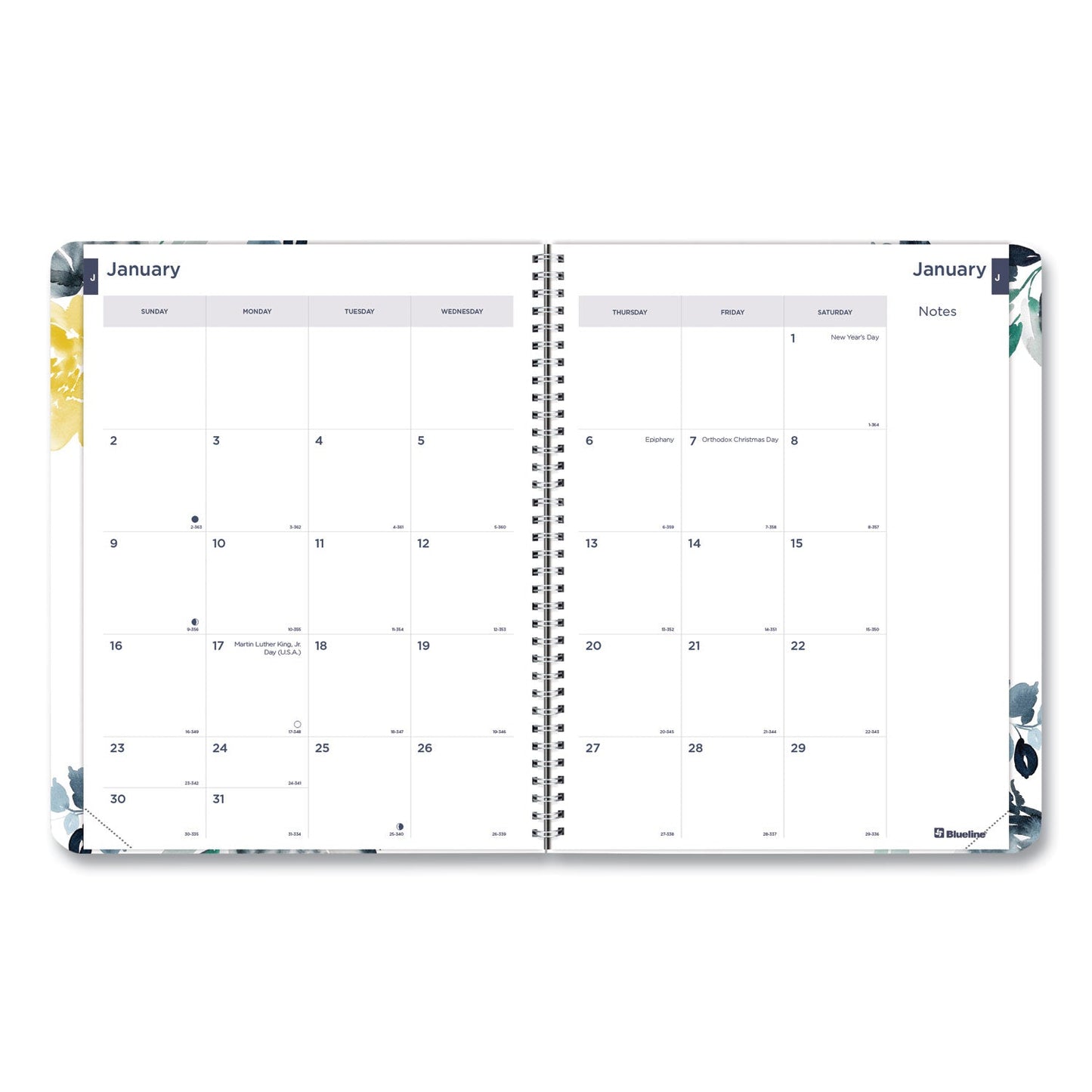 Blueline Soft Cover Design Weekly/Monthly Planner, Floral Watercolor Artwork, 11 x 8.5, White/Blue/Yellow, 12-Month (Jan to Dec): 2023
