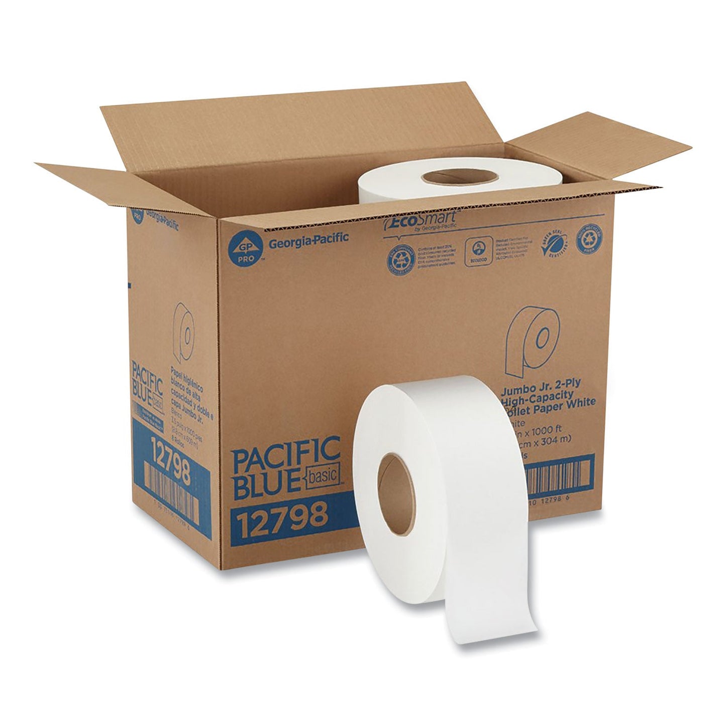 Georgia Pacific Jumbo Jr. Bathroom Tissue Roll, Septic Safe, 2-Ply, White, 3.5" x 1,000 ft, 8 Rolls/Carton
