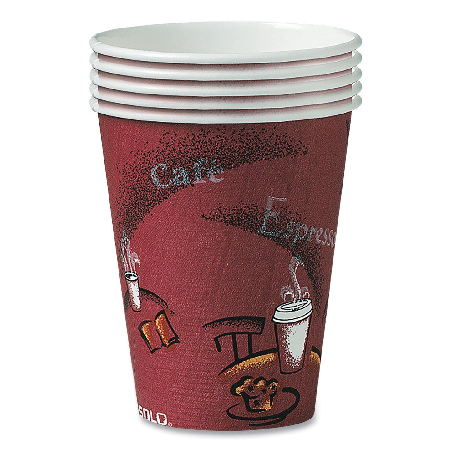 Dart Solo Paper Hot Drink Cups in Bistro Design, 10 oz, Maroon, 300/Carton