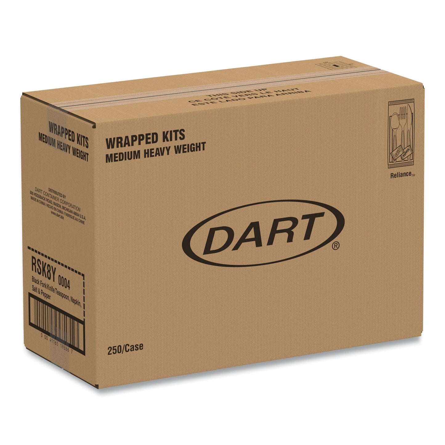 Dart Reliance Mediumweight Cutlery Kit, Knife/Fork/Spoon/Salt/Pepper/Napkin, Black, 250 Kits/Carton