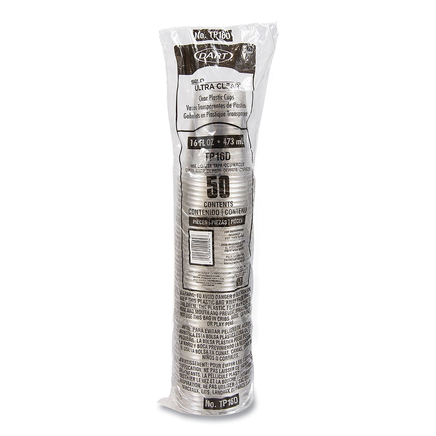 Dart Ultra Clear PET Cups, 16 oz, Squat, 50/Bag, 20 Bags/Carton