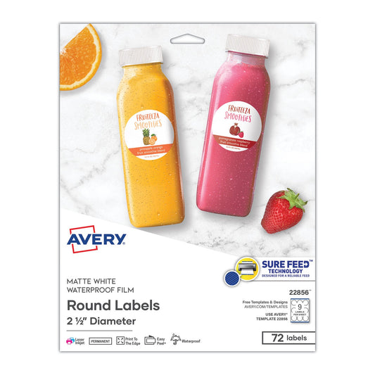 Avery Durable White ID Labels w/ Sure Feed, 2.5" dia, White, 72/Pk