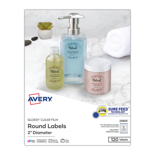 Avery Round Print-to-the Edge Labels with Sure Feed and Easy Peel, 2" dia, Glossy Clear, 120/PK