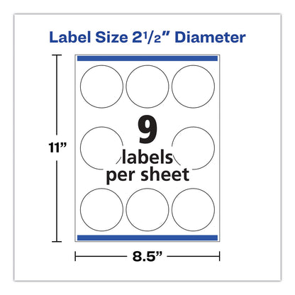 Avery Durable White ID Labels w/ Sure Feed, 2.5" dia, White, 72/Pk