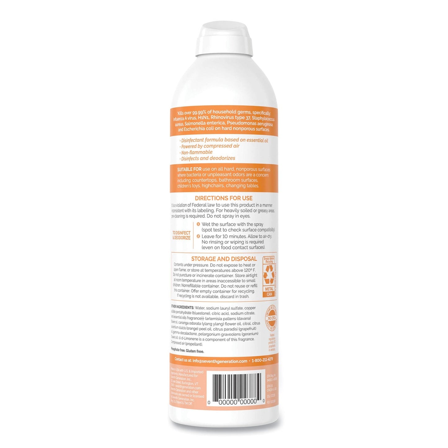 Seventh Generation Disinfectant Sprays, Fresh Citrus/Thyme, 13.9 oz, Spray Bottle, 8/Carton