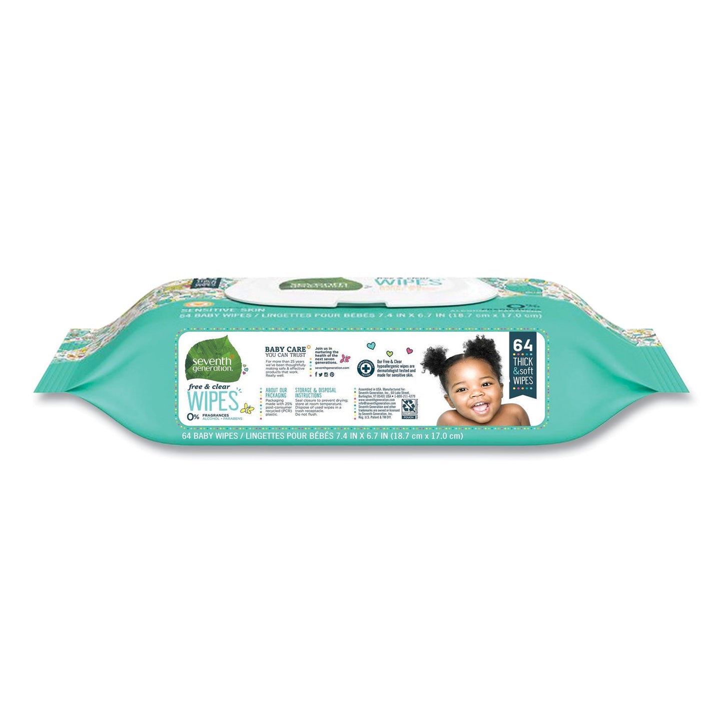 Seventh Generation Free and Clear Baby Wipes, 7 x 7, Unscented, White, 64/Flip-Top Pack