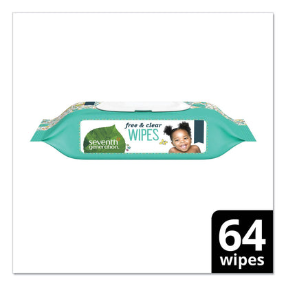 Seventh Generation Free and Clear Baby Wipes, 7 x 7, Unscented, White, 64/Flip-Top Pack