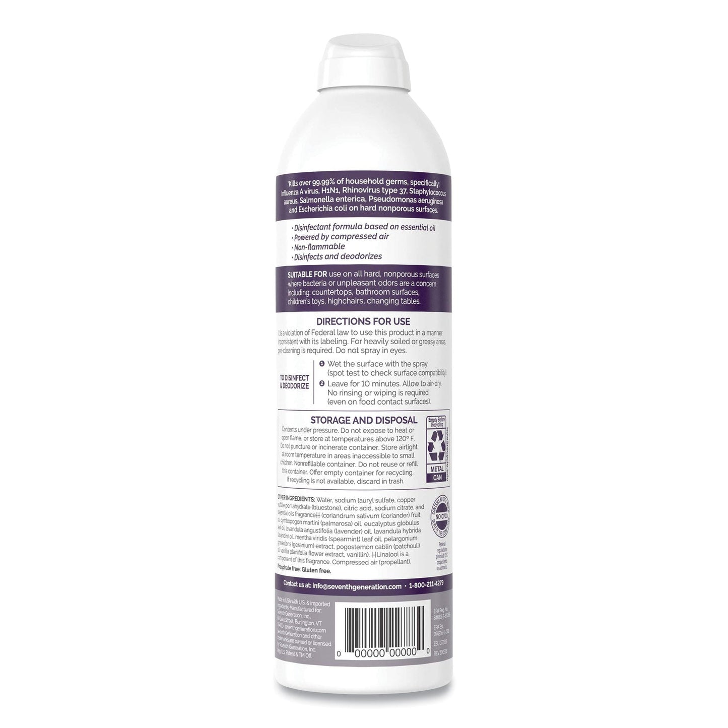 Seventh Generation Disinfectant Sprays, Lavender Vanilla/Thyme, 13.9 oz Spray Bottle, 8/Carton