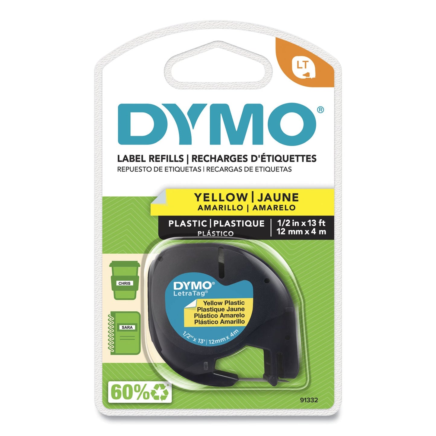 DYMO LetraTag Plastic Label Tape Cassette, 0.5" x 13 ft, Yellow