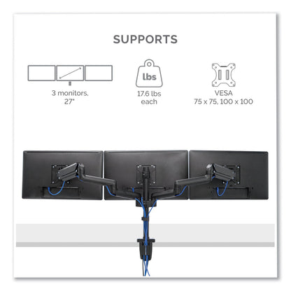 Fellowes Platinum Series Triple Monitor Arm for 27" Monitors, 360 deg Rotation, +85/-20 deg Tilt, 360 deg Pan, Black, Supports 20 lb