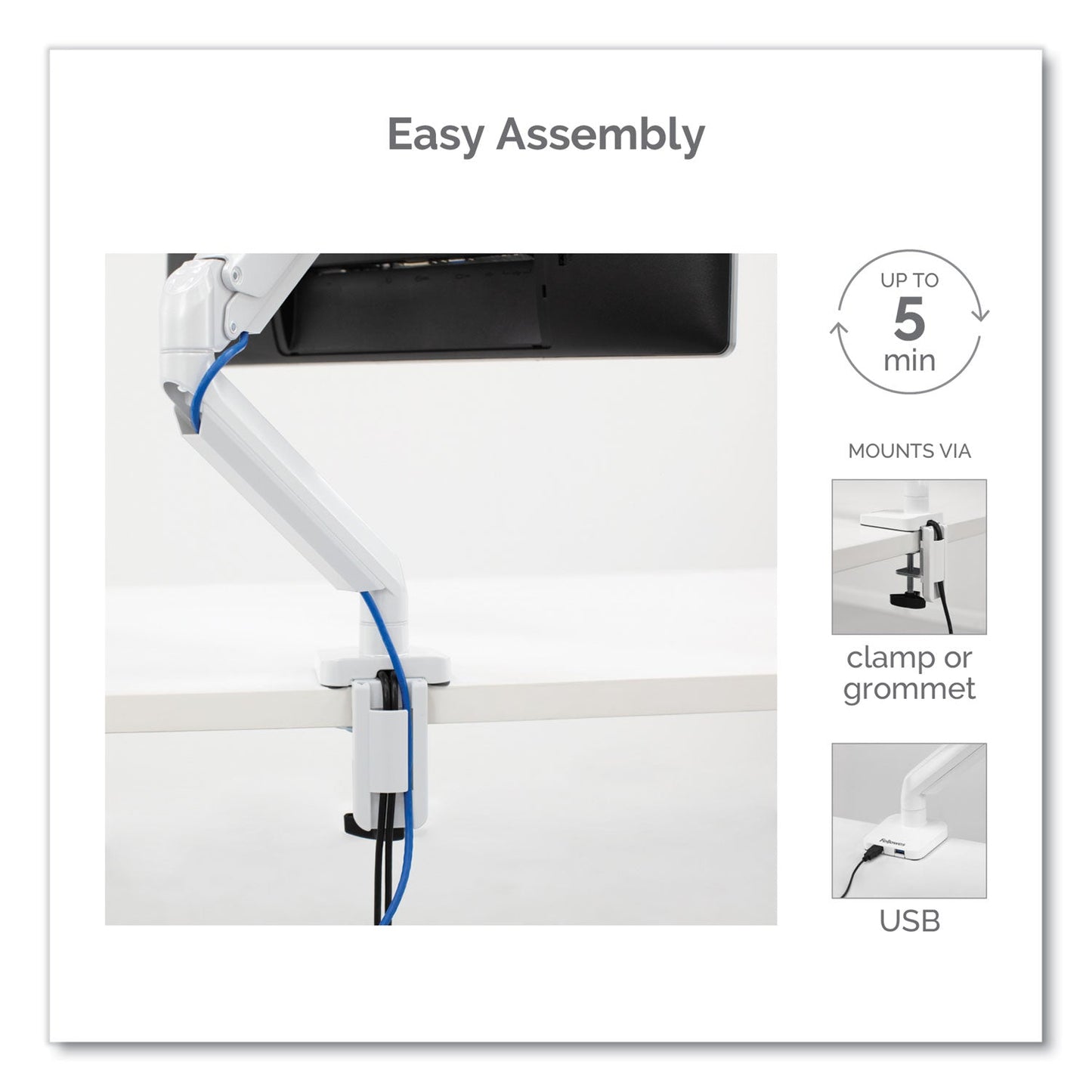 Fellowes Platinum Series Single Monitor Arm, For 27" Monitors, 360 deg Rotation, 45 deg Tilt, 180 deg Pan, White, Supports 20 lb