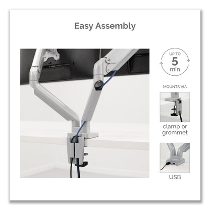 Fellowes Platinum Series Dual Monitor Arm, For 27" Monitors, 360 deg Rotation, 45 deg Tilt, 180 deg Pan, Silver, Supports 20 lb